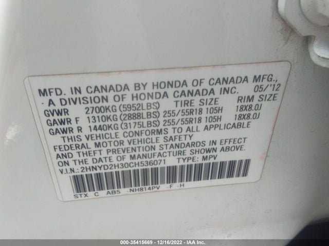 Продаж на аукціоні авто 2012 Acura Mdx Tech Pkg, vin: 2HNYD2H30CH536071, номер лоту: 35415669