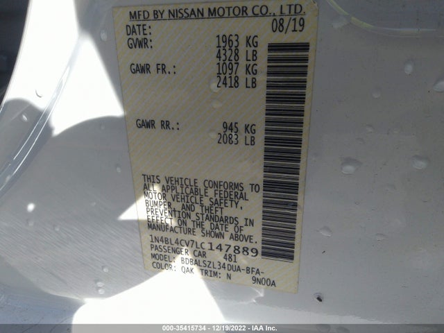 2020 NISSAN ALTIMA 2.5 SR VIN: 1N4BL4CV7LC147889