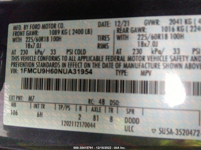2022 Ford Escape, VIN: 1FMCU9H60NUA31954