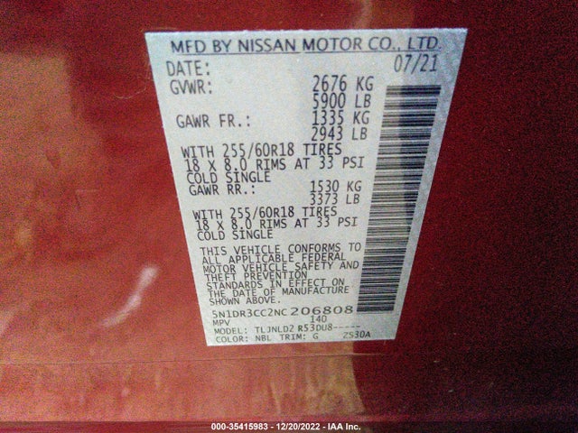 2022 Nissan Pathfinder, VIN: 5N1DR3CC2NC206808