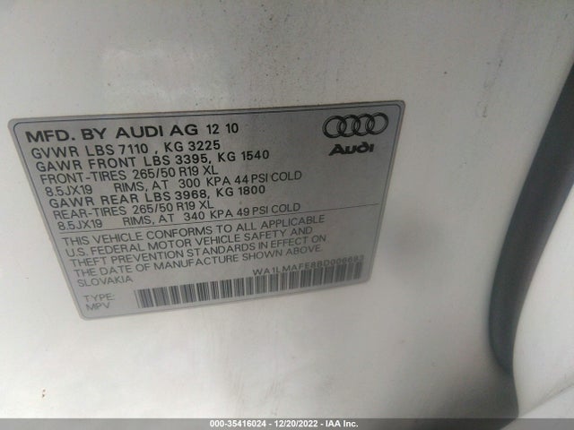 2011 AUDI Q7 3.0L TDI PREMIUM PLUS VIN: WA1LMAFE8BD006693