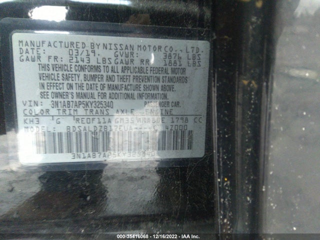 2019 NISSAN SENTRA SV VIN: 3N1AB7AP5KY325340