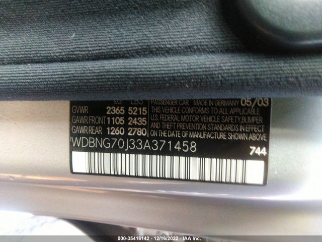 2003 MERCEDES-BENZ S-CLASS 4.3L VIN: WDBNG70J33A371458