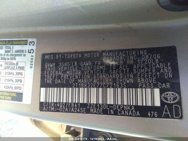 2007 TOYOTA COROLLA 2T1BR32E77C721635 Photo 8