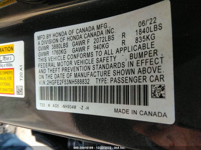 2022 HONDA CIVIC SEDAN SPORT VIN: 2HGFE2F53NH588832