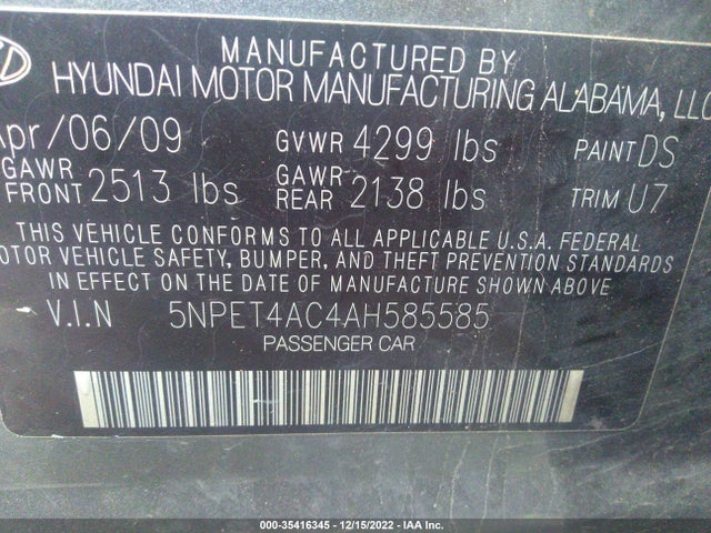 2010 HYUNDAI SONATA GLS VIN: 5NPET4AC4AH585585