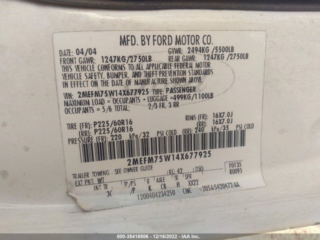 2004 MERCURY GRAND MARQUIS LS VIN: 2MEFM75W14X677925