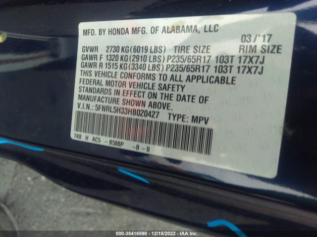 Honda ODYSSEY SE 2017 5FNRL5H33HB020427 Image 11