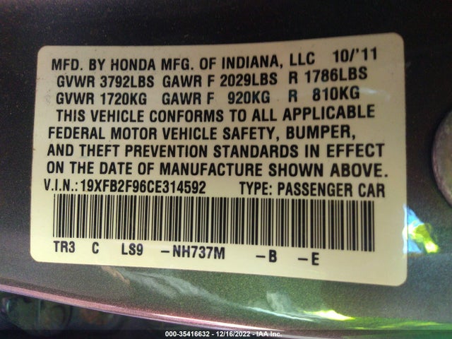 2012 HONDA CIVIC SDN EX-L VIN: 19XFB2F96CE314592