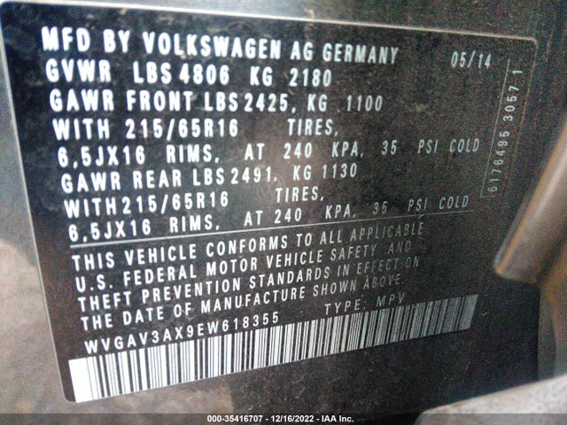 WVGAV3AX9EW618355 Volkswagen TIGUAN S