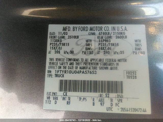 2004 FORD RANGER XL/XLT/EDGE VIN: 1FTYR10U04PA57653