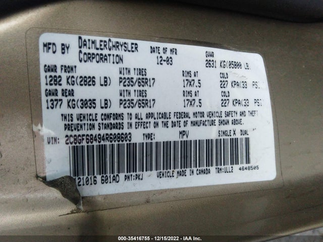 Chrysler Pacifica 2004 2C8GF68494R608603 Image 10