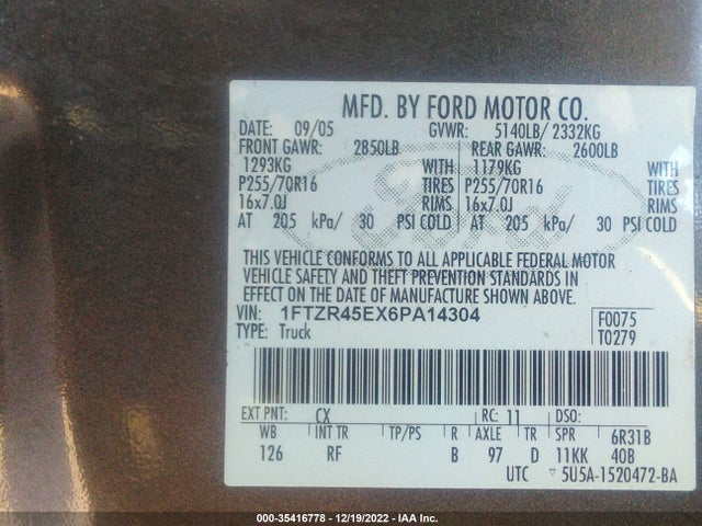 2006 FORD RANGER XLT/SPORT/FX4 OFF-RD VIN: 1FTZR45EX6PA14304