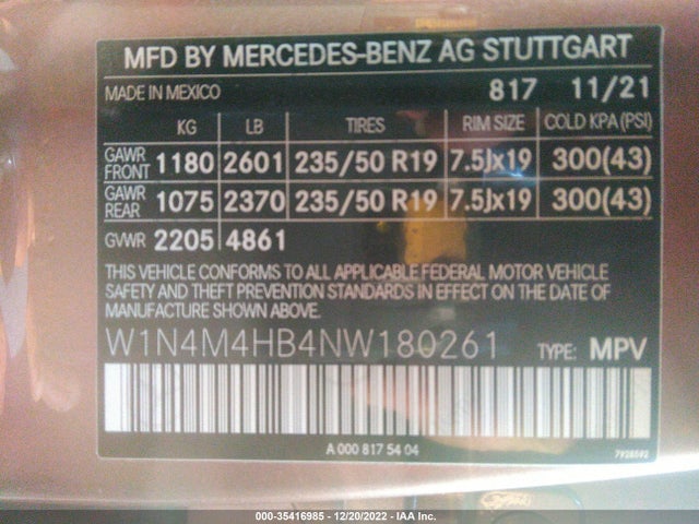 2022 Mercedes-Benz GLB-Class, VIN: W1N4M4HB4NW180261