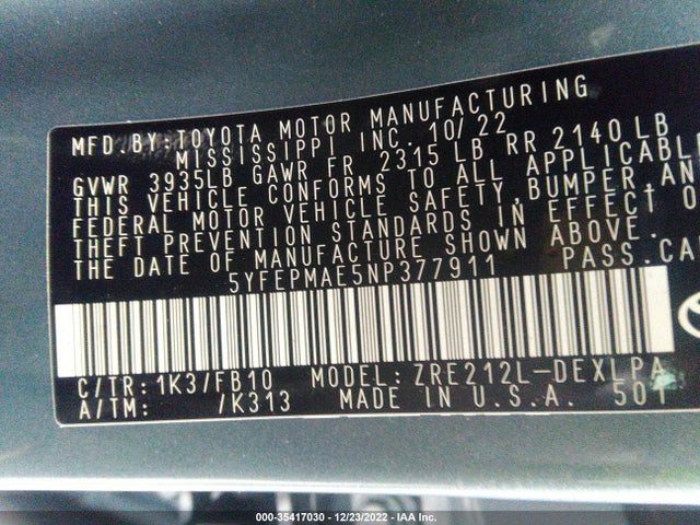 2022 Toyota Corolla, VIN: 5YFEPMAE5NP377911