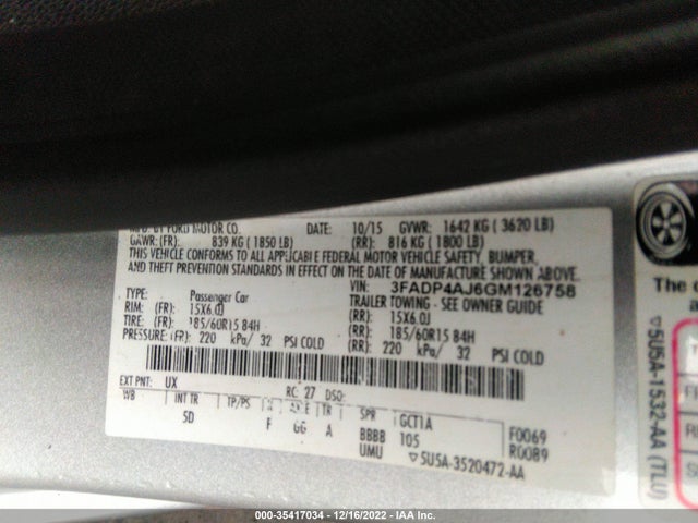 2016 FORD FIESTA S VIN: 3FADP4AJ6GM126758