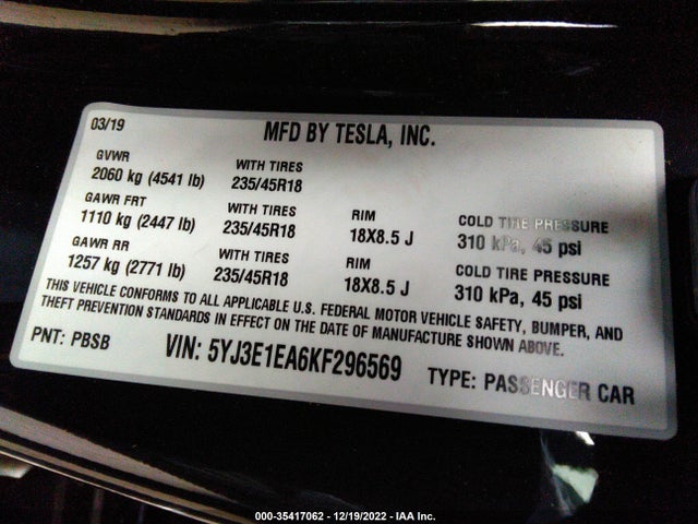 Tesla MODEL 3 2019 5YJ3E1EA6KF296569 Image 9