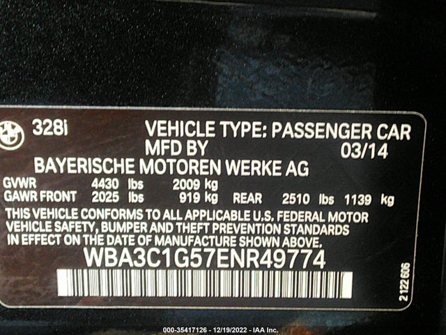 BMW 3 Series 328i 2014 WBA3C1G57ENR49774 Image 9