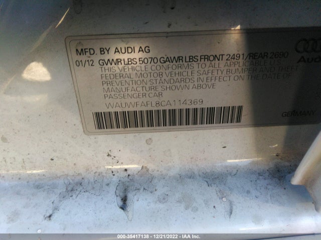 35417138 :رقم المزاد ، WAUWFAFL8CA114369 vin ، 2012 Audi A4 2.0t Premium Plus مزاد بيع