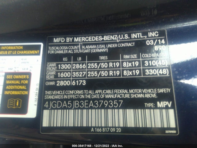 2014 Mercedes-Benz M-Class, VIN: 4JGDA5JB3EA379357