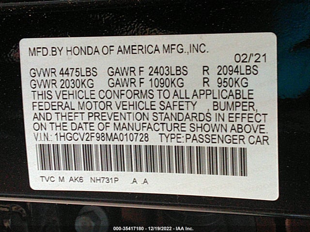 2021 HONDA ACCORD SEDAN TOURING VIN: 1HGCV2F98MA010728