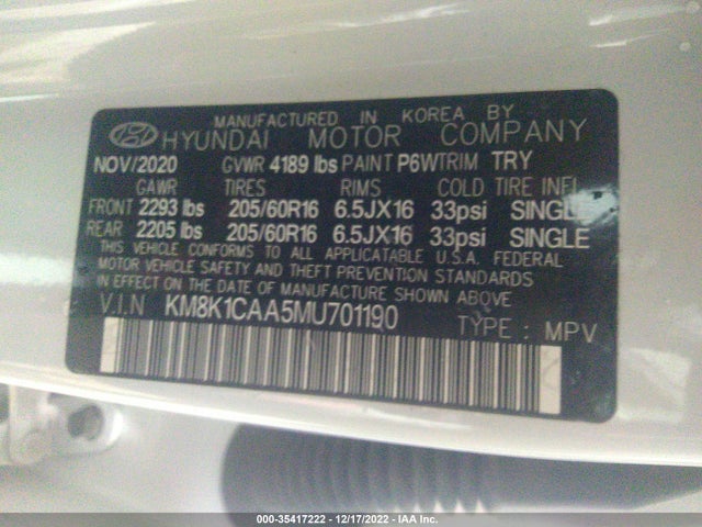 2021 HYUNDAI KONA SE VIN: KM8K1CAA5MU701190