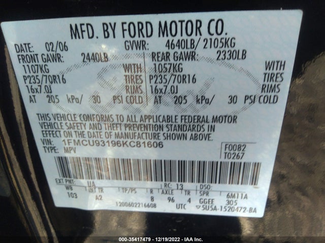2006 FORD ESCAPE XLT VIN: 1FMCU93196KC81606
