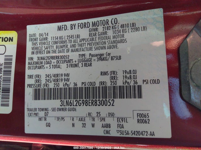 Lincoln MKZ 2014 3LN6L2G98ER830052 Image 9