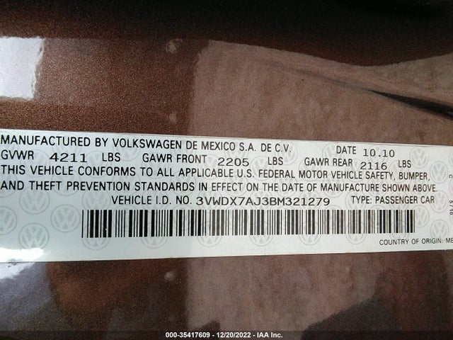 3VWDX7AJ3BM321279 Volkswagen Jetta Sedan Se W