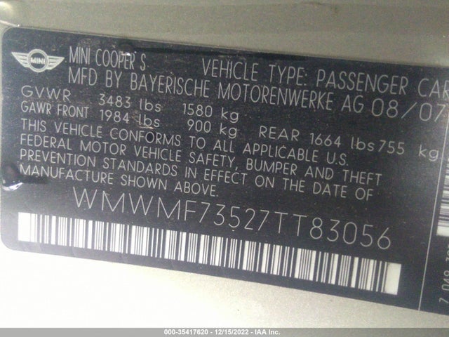 WMWMF73527TT83056 Mini Cooper Hardtop S