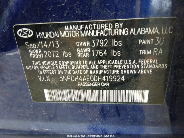 2013 HYUNDAI ELANTRA GLS PZEV VIN: 5NPDH4AE0DH419924