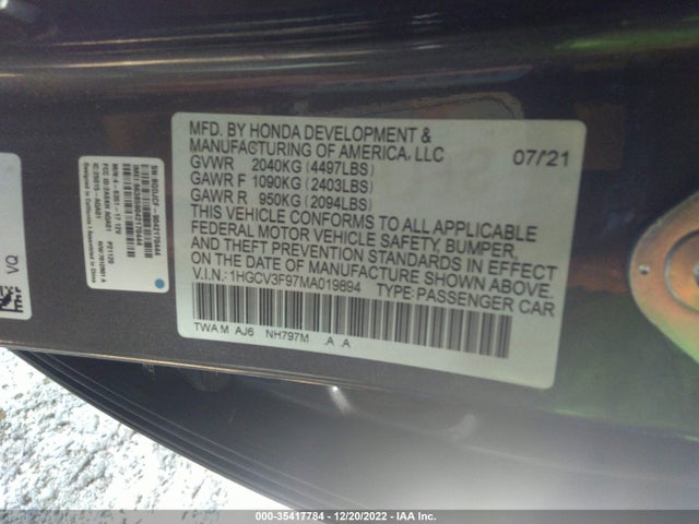 2021 Honda Accord, VIN: 1HGCV3F97MA019894