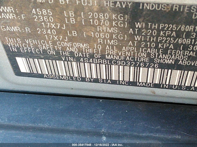 2013 SUBARU OUTBACK 2.5I LIMITED VIN: 4S4BRBLC9D3276726