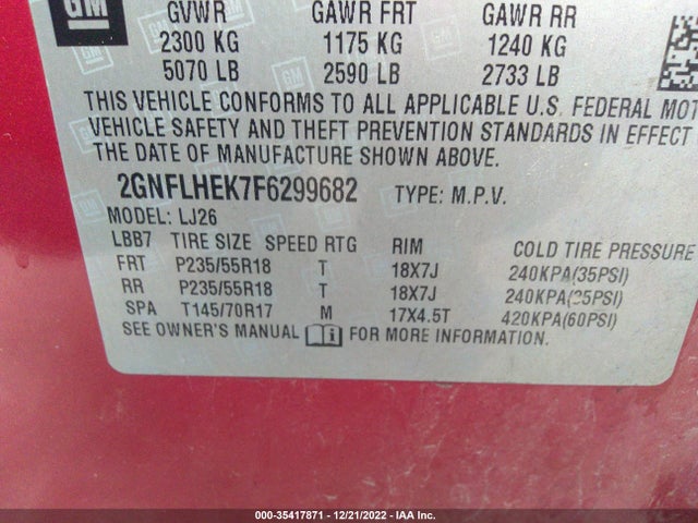 2015 CHEVROLET EQUINOX LTZ VIN: 2GNFLHEK7F6299682