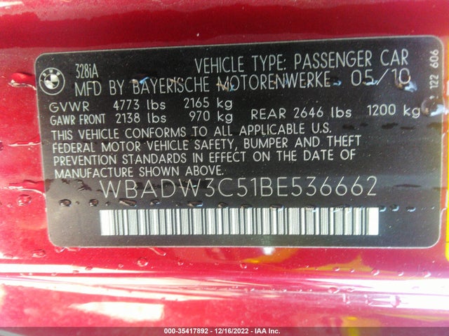 BMW 3 Series 328i 2011 WBADW3C51BE536662 Image 10