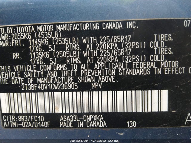 2012 TOYOTA RAV4 VIN: 2T3BF4DV1CW236905