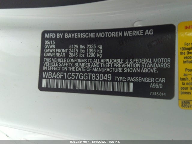 2016 BMW 6 Series, VIN: WBA6F1C57GGT83049