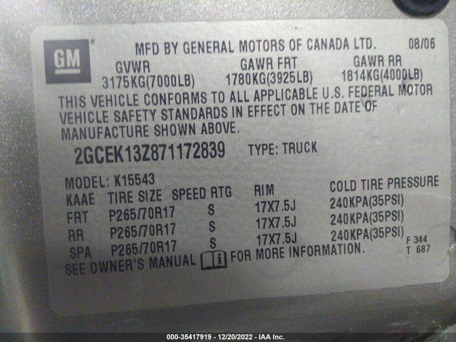 2007 CHEVROLET SILVERADO 1500 CLASSIC LT1 VIN: 2GCEK13Z871172839