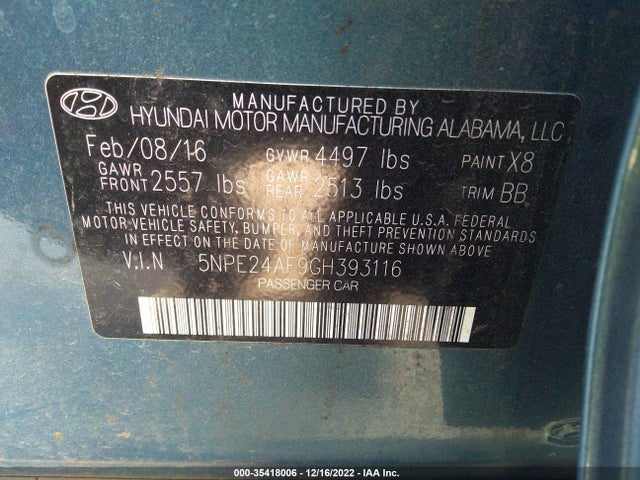 Hyundai Sonata 2.4l 2016 5NPE24AF9GH393116 Image 10