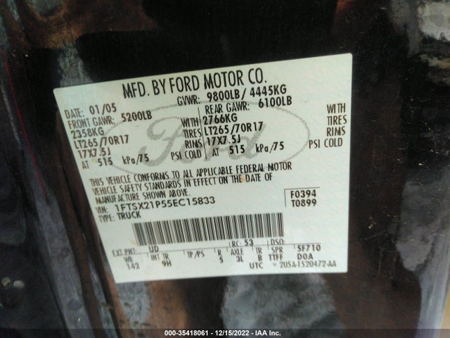 2005 FORD SUPER DUTY F-250 XL/XLT/LARIAT VIN: 1FTSX21P55EC15833