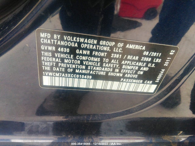 2012 VOLKSWAGEN PASSAT SEL PREMIUM VIN: 1VWCM7A3XCC010439
