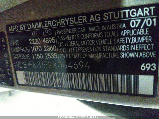 2002 MERCEDES-BENZ E-CLASS VIN: WDBJF83J52X064694