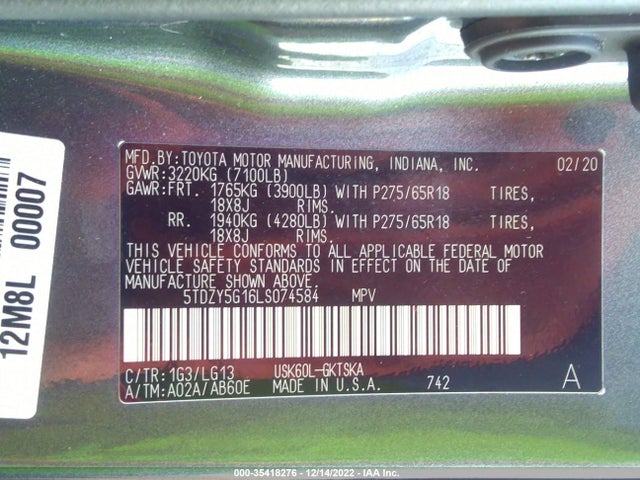 2020 Toyota Sequoia, VIN: 5TDZY5G16LS074584