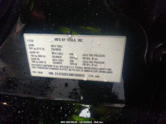 2021 TESLA MODEL Y LONG RANGE VIN: 5YJYGDEE6MF080826