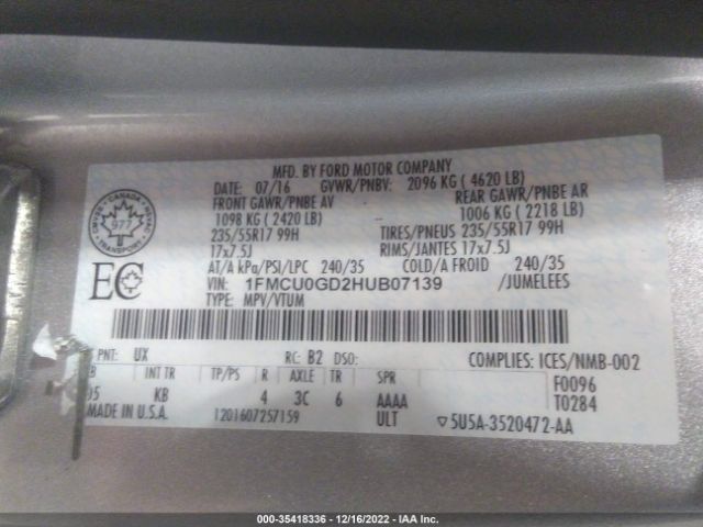 1FMCU0GD2HUB07139 Ford ESCAPE SE