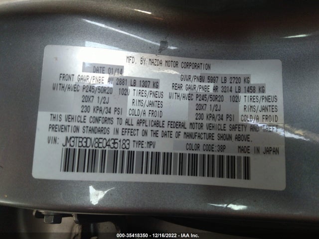 2014 MAZDA CX-9 GRAND TOURING VIN: JM3TB3DV8E0435183