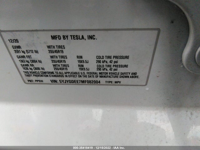 Tesla Model Y Long Range 2021 5YJYGDEE7MF082004 Image 9