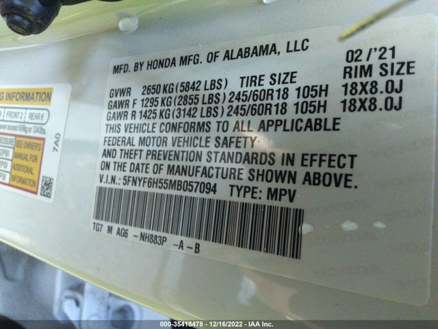 Honda Pilot Ex-l 2021 5FNYF6H55MB057094 Image 9