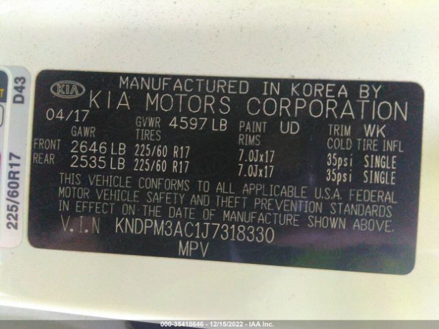 KNDPM3AC1J7318330 KIA Sportage Lx