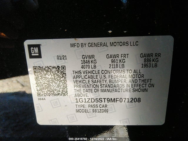 2021 Chevrolet Malibu, VIN: 1G1ZD5ST9MF071208